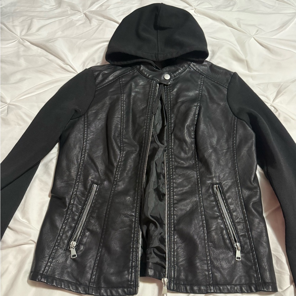Women leather jacket with hood